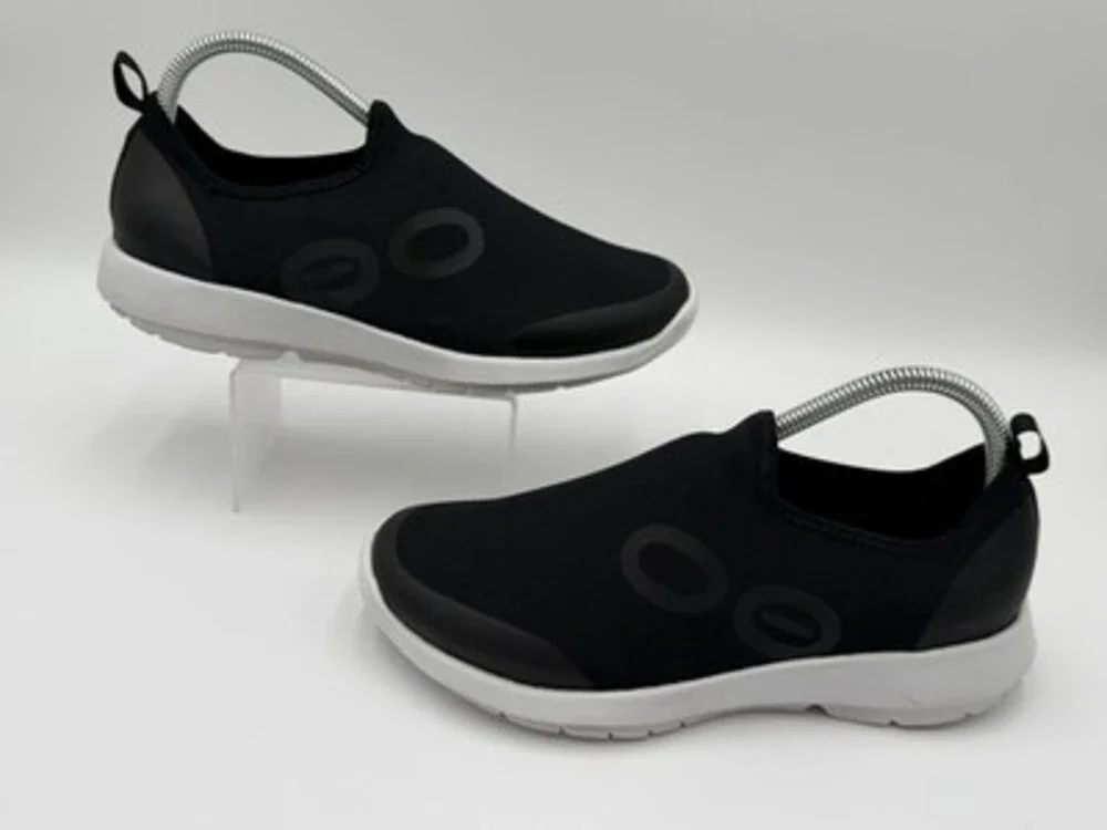 OOFOS Black Slip-On Knit Sneakers with White Sole